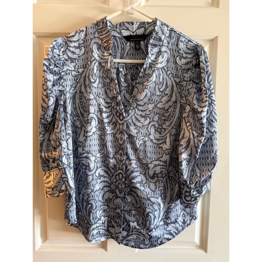 White House Black Market Blue-Grey Paisley Damask V-Neck Blouse 3/4 Sleeve Sz10